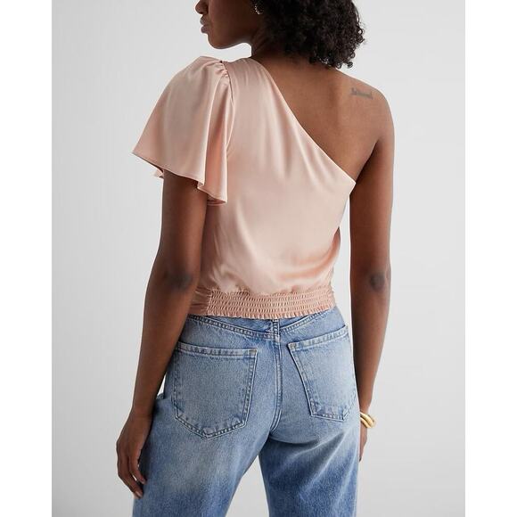 Express Women's Satin One Shoulder Tie Waist Top Pale Pink Size XS - NWT $64 - Picture 4 of 16